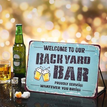 Welcome to Our Backyard Bar Sign 12 x 8 Inch Metal Sign Vintage Metal Banner Funny Welcome Hanging Bar Terrace Wall Decoration for Outdoor Patio Porch Pool Outdoor Wall Decor (Blue)