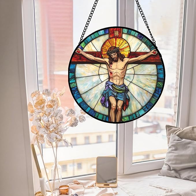 DASTOLL Christian Gifts for Women - Cross Passion of Jesus Stained Glass Window Hanging Easter Sun Catcher Garden Religion Decor Mother's Day Catholic Gift for Men Grandma Nana Her Mom 11.8"