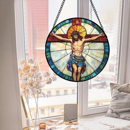 DASTOLL Christian Gifts for Women - Cross Passion of Jesus Stained Glass Window Hanging Easter Sun Catcher Garden Religion Decor Mother's Day Catholic Gift for Men Grandma Nana Her Mom 15"