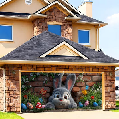 Easter Garage Door Banner Cover, Easter Bunny Colorful Eggs Spring Party Backdrop Decor, Garage Door Cover For Outdoor Yard Holiday Decoration (Cute Bunny)
