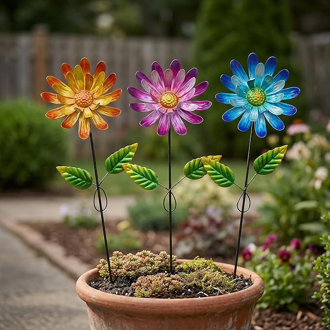 Metal Flower Garden Stake for Outside, 3 Pcs 16" H Outdoor Garden Stakes Decor, Yard Outdoor Ornaments for Patio, Lawn, Patio(Yellow & Purple & Blue)