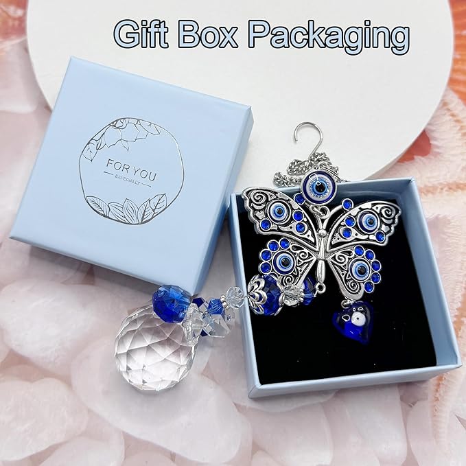 Crystal Suncatcher for Windows - Hanging Prism Sun Catchers with Crystal Balls&Blue Eye, Rainbow Maker for Home、 Garden、Car Decor (Butterfly)