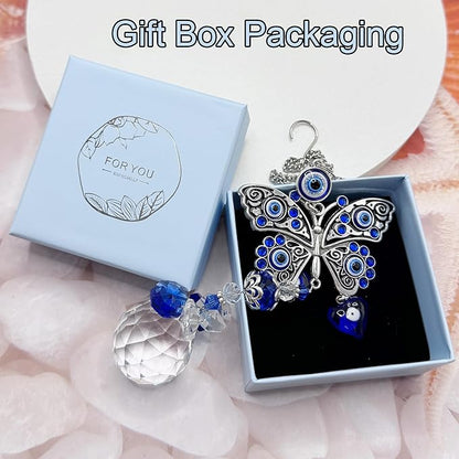 Crystal Suncatcher for Windows - Hanging Prism Sun Catchers with Crystal Balls&Blue Eye, Rainbow Maker for Home、 Garden、Car Decor (Butterfly)