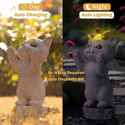 DecorSmart Cat Garden Outdoor Statue Gifts for Cat Lovers Lady Mom Dad Women Outside Solar New Home Decor for Patio Yard Housewarming Gardening Gifts