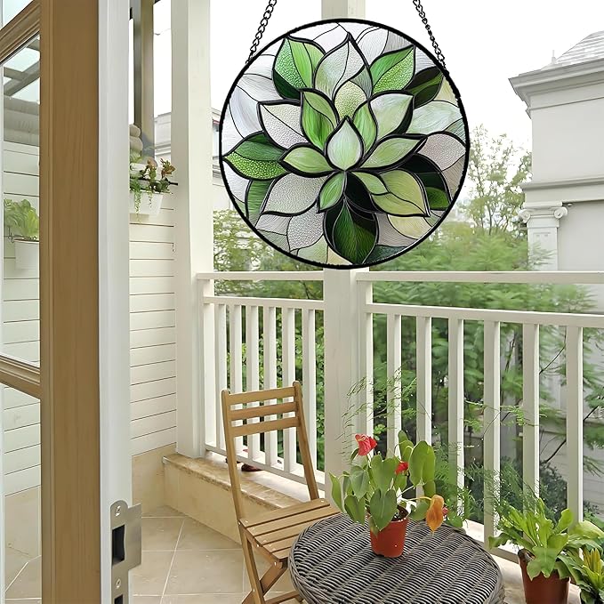 Stained Glass Window Hanging - Green Lotus Suncatcher for Door Garden Succulent Plant Sun Catchers Decor Mother's St. Patrick's Day Birthday for Women Mom Nana Grandma 9.8 in