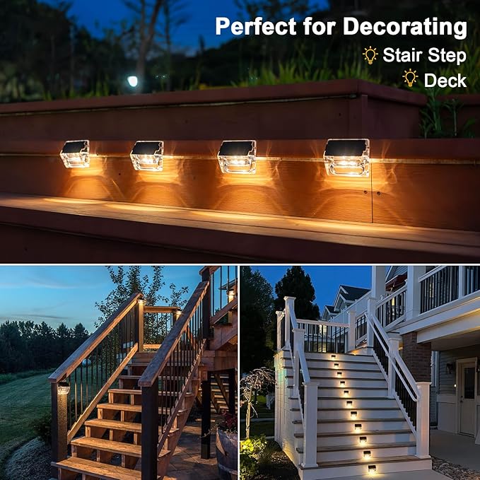 Qualdout Solar Outdoor Lights, 16 Pack Solar Fence Deck Lights Waterproof Solar Powered Outside Lighting for Step Railing Wall Pool Stair Yard Garden Patio Pool Decorations (Warm White)