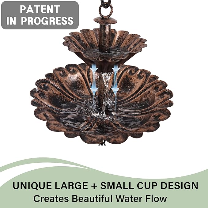 Fountain Rain Chain for Gutters – Large & Small Cup Designed Rain Chains, Customizable DIY Layout, Rust-Resistant Coated Metal Downspout Alternative for Garden, Patio & Outdoor Décor (8.5 FT)