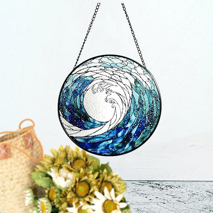Ocean Waves Stained Glass Suncatcher, Handmade Window Hanging Wall Art with Chain, Real Glass Coastal Home Decor, Unique Sun Catcher Gift for Women, Christmas, 7.8