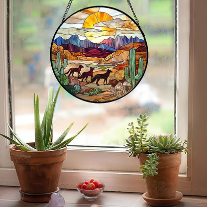 CHATYOUNG Stained Glass Window Hanging Sunset Desert Landscape Wolf 7.8" - Suncatcher Door Garden Sunroom Sun Catcher Home Decor Birthday Father's Day Christmas for Mom Woman Nana Men Friend