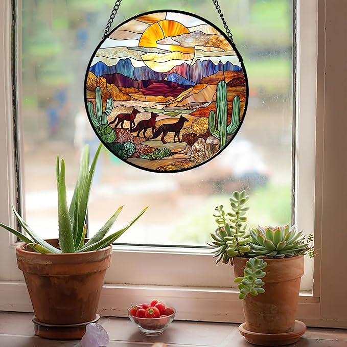 CHATYOUNG Stained Glass Window Hanging Sunset Desert Landscape Wolf Large 11.8" - Suncatcher Door Garden Sunroom Sun Catcher Home Decor Birthday Father's Day Christmas for Mom Woman Nana Men Friend