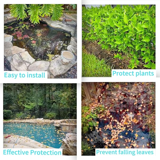JUNFLYING 15x40 Ft Pond Netting for Leaves, 1/2 in Fine Mesh, Strong Woven Koi Fish Net Cover, Against Birds, Cats & Predators, Stakes Included