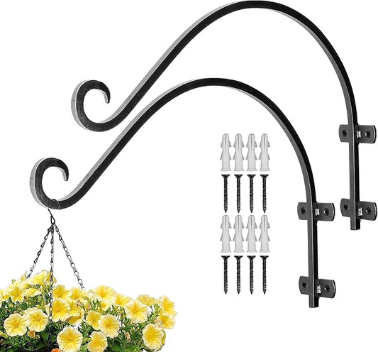 Monarch Abode Plant Hangers – Wall Mount Plant Hooks for Hanging Baskets, 14 Inch Metal Black Fence Wall Plants Hanger for Outdoor Indoor, Flower Pot, Bird Feeder, Wind Chime Bracket, 2 Pack
