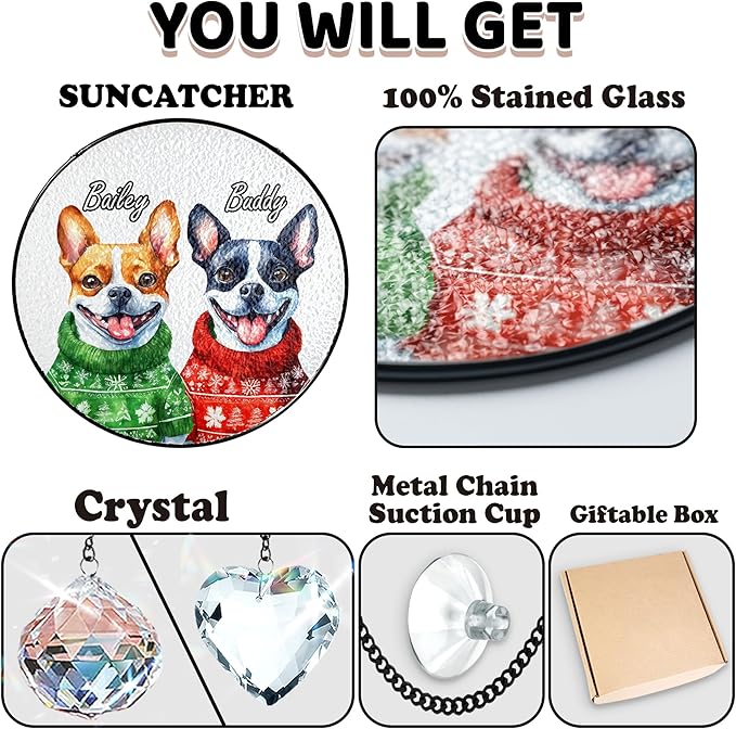 Personalized Pet Portrait Stained Glass Window Hanging, Christmas Dog Santa Hat Suncatcher Photo, Winter Cat Portrait Crystal Decor, Memorial Gift for Dog Lovers, Sympathy Gift for Cat Mom
