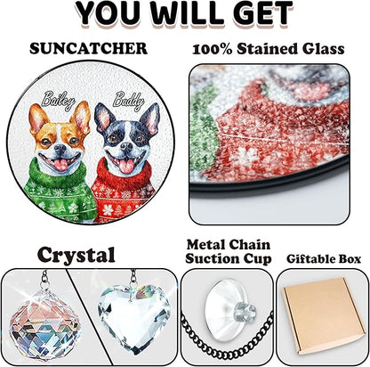 Personalized Pet Portrait Stained Glass Window Hanging, Christmas Dog Santa Hat Suncatcher Photo, Winter Cat Portrait Crystal Decor, Memorial Gift for Dog Lovers, Sympathy Gift for Cat Mom