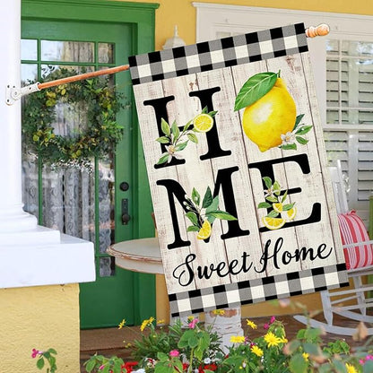 ORTIGIA Summer Lemon House Flag 28 x 40 Inch Double Sided Burlap Home Sweet Home Yellow Fruit Yard Flag Holiday Spring Farmhouse Seasonal Outdoor Outside Decoration (Large)