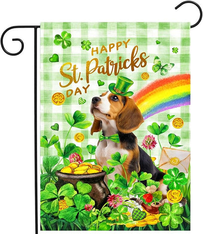 Beagle St Patricks Day Garden Flag Dog St Patrick's Day Yard Flags for Outside 12x18 Double Sided Buffalo Plaid Shamrock Flag Small Outdoor Rainbow St Patrick's Decor