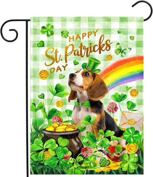 Beagle St Patricks Day Garden Flag Dog St Patrick's Day Yard Flags for Outside 12x18 Double Sided Buffalo Plaid Shamrock Flag Small Outdoor Rainbow St Patrick's Decor