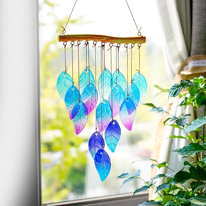 Wind Chimes for Outside,Stained Glass Leaves Wind Chimes Indoor Outdoor Hanging Decor Handmade 12.5" Garden Chimes for Windows, Patio,Backyard Decor Ornament for Christmas Tree