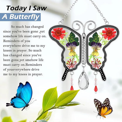 KY&BOSAM Suncatcher Butterfly Stained Glass Crystal Butterfly Suncatchers Ornament hangings for Windows Wind Chime with Pressed Flower Butterfly Embedded in Glass Mother`s Day Birthdays
