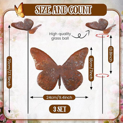 Weysat 3 Pack Butterfly Garden Stake Decor 28 Inch Metal Yard Art Butterflies Stakes for Women Mom Ornaments Outdoor Decorative Patio Lawn Decor (Rutic Color)