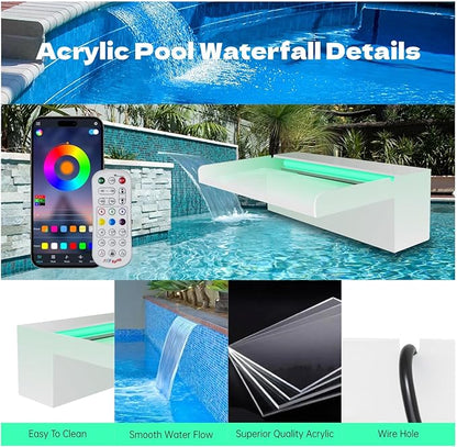 Pamopamo Pond Waterfall Spillway, APP Control Multi-Color LED Light Outdoor Pool Fountain, Acrylic Water Spillway Koi Fountains Kit for Garden Patio Swimming Pool Decoration - 11.8"x7.8"x3.9"