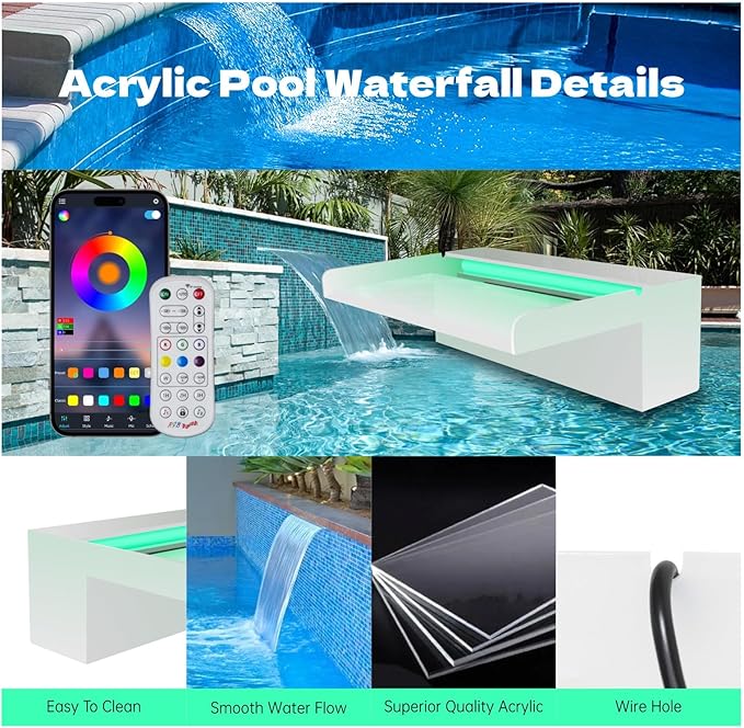 Pamopamo Pond Waterfall Spillway, APP Control Multi-Color LED Light Outdoor Pool Fountain, Acrylic Water Spillway Koi Fountains Kit for Garden Patio Swimming Pool Decoration - 23.6"x7.8"x3.9"