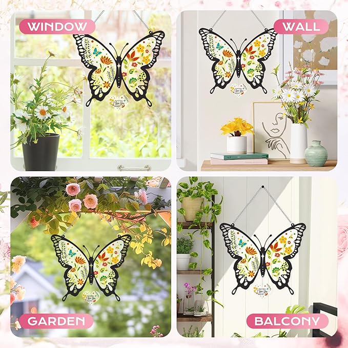 Butterfly Stained Glass Window Hanging 9.8 Inch Colorful Flower Suncatcher Decor for Window Door Wall Art Home Decoration Christmas Hanging Ornament Birthday Butterfly Gifts for Mom, Women