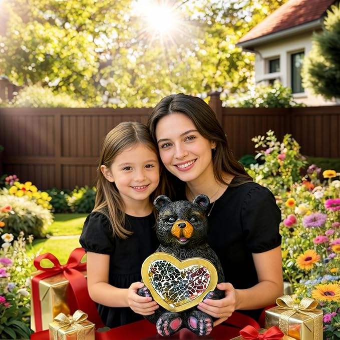 Solar Garden Sculpture: Unique Resin Black Bear Holding a Heart Outdoor Mosaic Solar Light Ideal for Gardens, patios, and courtyards Gift or Decorative piece-Black