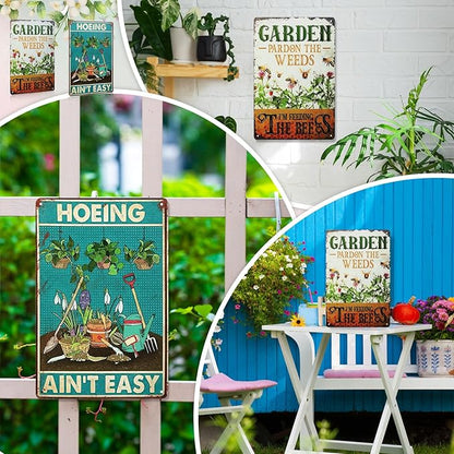 MorningRo 2 Pcs Funny Metal Tin Garden Sign 12'' x 8'' Gifts for Plant Lovers Women Grandma Mom Garden Decor Metal Tin Sign for Farmhouse Greenhouse Patio Yard Wall Decor Indoor Outdoor(Home, Bee)
