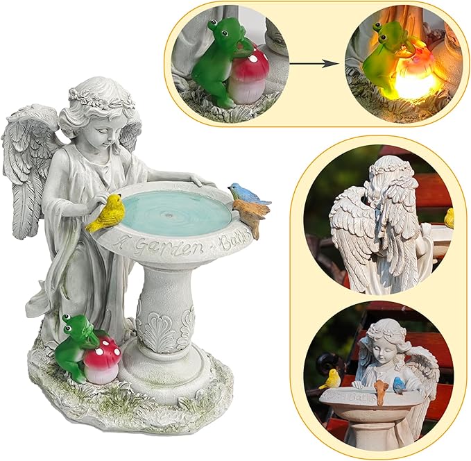 Solar Angel Garden Sculpture with Color - Changing Lights,Resin Garden Outdoor Decorations Figurine with Birds,Frog & Mushroom for Home,Yard,Patio,Balcony,Lawn - Unique Housewarming Gifts