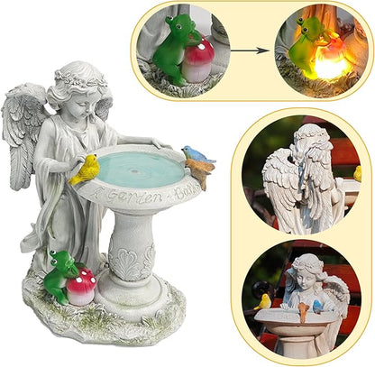 Solar Angel Garden Sculpture with Color - Changing Lights,Resin Garden Outdoor Decorations Figurine with Birds,Frog & Mushroom for Home,Yard,Patio,Balcony,Lawn - Unique Housewarming Gifts