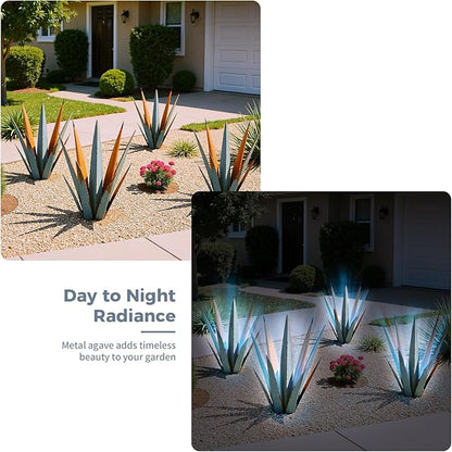 KODIBO 24” Large Solar Metal Agave Plants Outdoor Decor, Tequila Rustic Sculpture Outdoor Statues, Garden Sculpture for Patio Path Courtyard and Lawn (Vintage Blue-Solar Light)