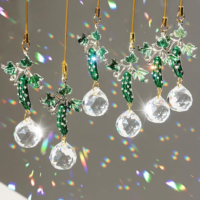 H&D HYALINE & DORA Set of 6 Rhinestones Pickle Crystal Suncatcher Pendant Cucumber Rainbow Pickle Sun Catcher Onraments for Tree Windows Garden Home Decor