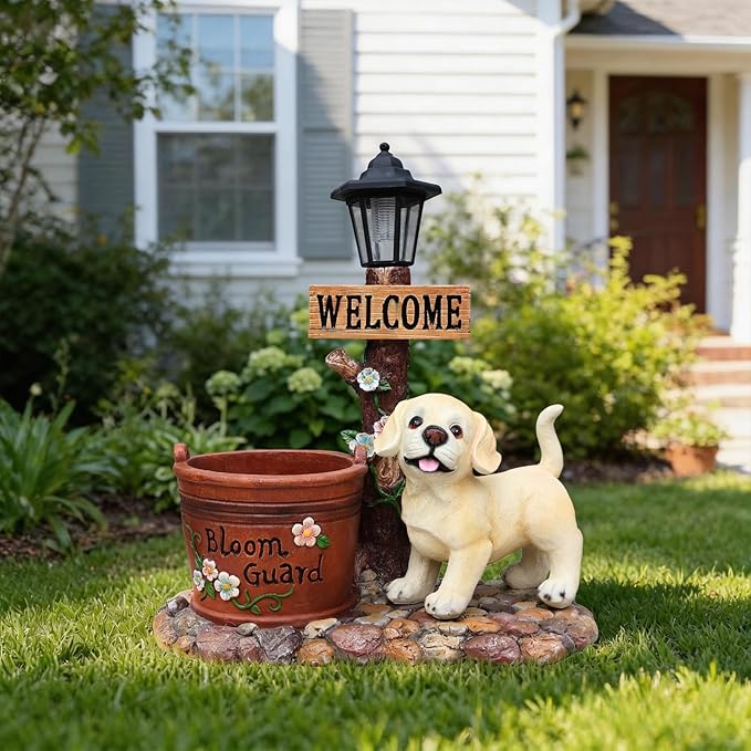 20" Solar Labrador Garden Statue with Welcome Sign & Planter - Large Dog Sculpture with LED Street Lantern - Weatherproof Resin Decorative Flower Pot for Porch, Yard & Patio - Pet Lover Gift
