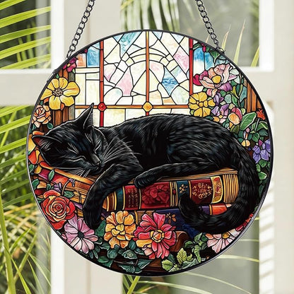 Rngmsi Stained Glass Window Hanging, 7.8″ Cat and Flower Sun Catchers with Hook Indoor Window Decor, Decorative Suncatchers Hanging Ornaments Home Garden Art Gift for Housewarming