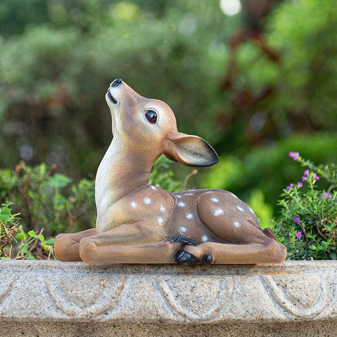 Deer Garden Statue, Outdoor Decorative Sculpture Brown with White Spots, 8.2 x 9.45 x 5.1 inches Yard Lawn Decor Deep Forest Deer