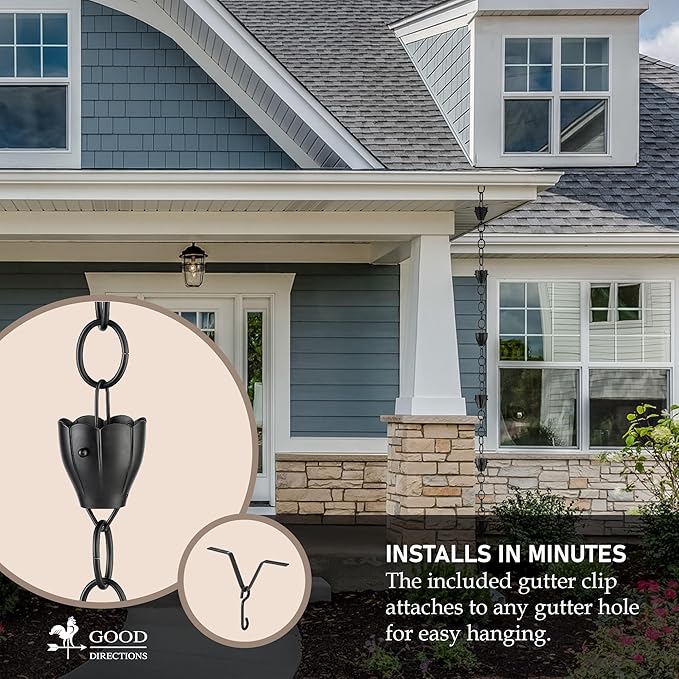 6 Cup Crocus Black Aluminum 8.5 ft. Rain Chain with Gutter Installation Clip by Good Directions