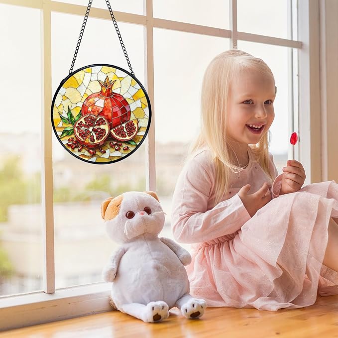 Pomegranate Decor, Summer Pomegranate Suncatchers Stained Glass Window Hanging, Summer Fruit Sun Catchers Indoor Window Glass Round Wall Decor, Fruit Kitchen Decor 7.9x7.9in
