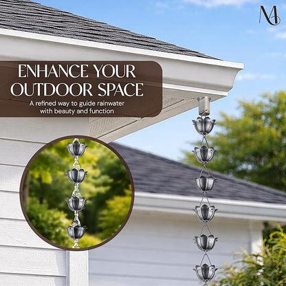 Monarch Rain Chains Aluminum Lotus Pewter Rain Chains for Gutters – 8.5 ft Pewter Decorative Rainchain Outdoor Durable Heavy Duty Gutter Chain Downspout, Modern Rainchains for Outside