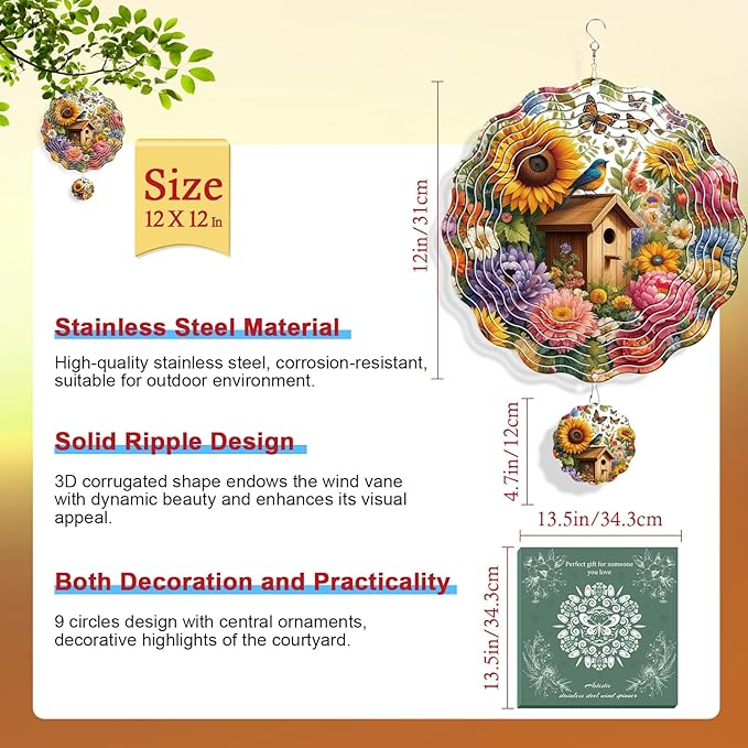 Rngmsi Flower Wind Spinners Outdoor Garden Decor for Outside, 3D Metal Wind Spinner Hanging Decor Kinetic Art for Yard, 12 in Stainless Steel Hanging Gifts for Women Housewarming
