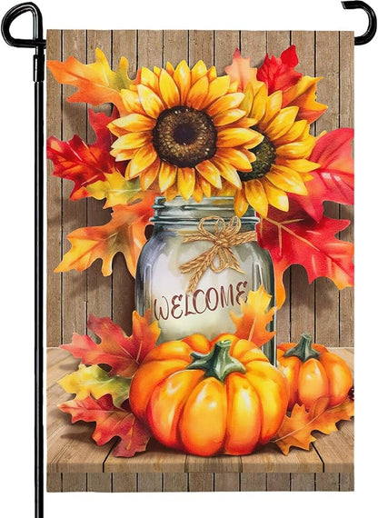 Fall Garden Flags Thanskgiving Sunflower Pumpkin Printing Garden Flag Welcome Autmn Maple Leaves Yard Flag for Outside Mason Jar Pattern Double Side Floral House Flag Decor Standard Size 12×18 Inch