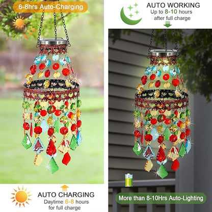 Hanging Solar Lanterns Outdoor Chandelier,2 Tier Acrylic Crystal Wind Chimes for Outside,Solar Lights Color Changing LED Outdoor Decorative for Paito,Porch,Yard