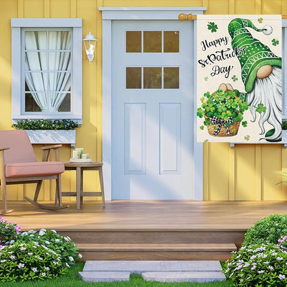 Heyfibro Happy St. Patrick's Day Gnome Garden Flag 28x40 Double Sided Burlap, Shamrock Basket Yard Flag for Spring Seasonal Irish Holiday Farmhouse Yard Outdoor Decor(ONLY FLAG)