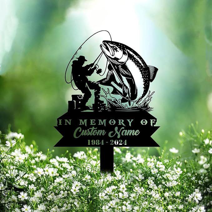Custom Salmon Fishing Metal Memorial Stake Personalized Fisherman Catching Fish Grave Marker Name Sign Fisher Remembrance Stake Decor,Memorial Statue Sign for Garden Outdoor Outside Yard Decor.