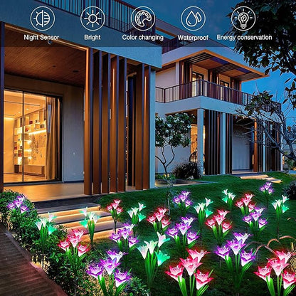 ANGMLN 4 Pack Solar Flower Lights,16 Bigger Head Solar Lily Flowers, 7 Color Changing Pathway Lights for Garden Patio Yard Outdoor Garden Stake Decoration (Purple2&White1&Pink1)