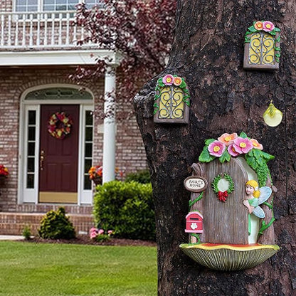 Fairy Garden Decor Fairy Door and Windows for Trees, Glow in The Dark Yard Sculpture Lawn Ornament Mini Garden Art Outdoor Decor Accessories with Lantern (Fairy Opening Door)