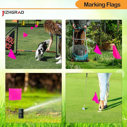 100Pack Pink Marking Flags, JIZHGRAD 16x4x5 Inch Marker Flags Use for Yard & Lawn, Boundary & Dog Training, Survey & Landscape, Sprinkler & Surveyor, Garden & Construction, High Visibility, Sturdy, Versatile, UV & Weather Resistant