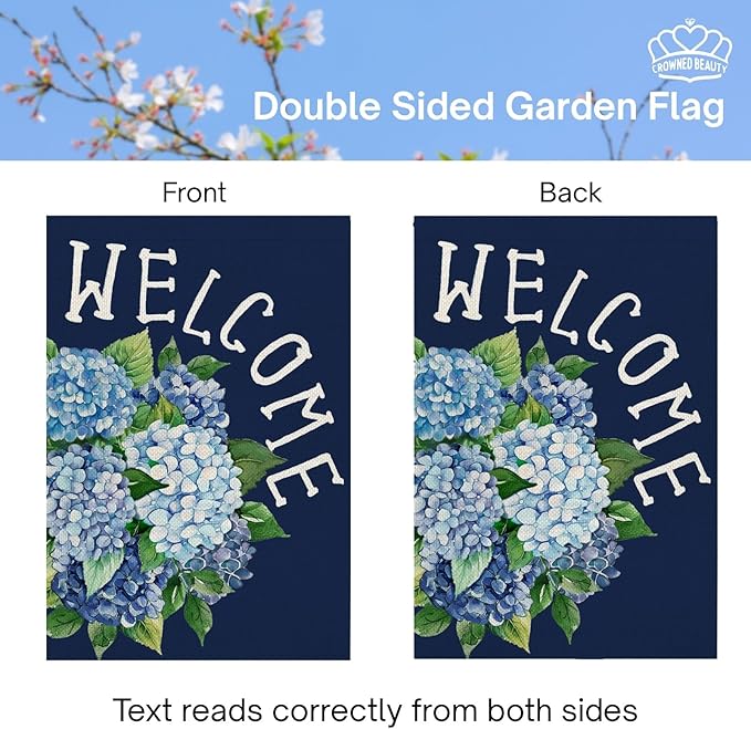 CROWNED BEAUTY Spring Garden Flag Hydrangea Welcome 12x18 Inch Double Sided Small Floral Seasonal Holiday Decoration for Outdoor Lawn Yard