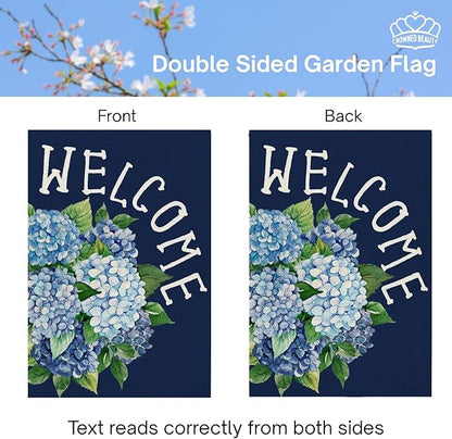 CROWNED BEAUTY Spring Garden Flag Hydrangea Welcome 12x18 Inch Double Sided Small Floral Seasonal Holiday Decoration for Outdoor Lawn Yard