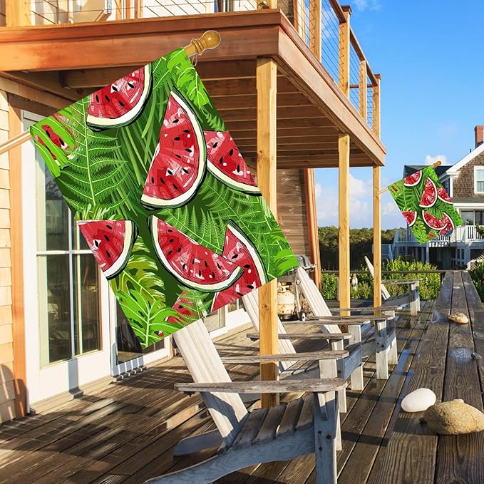 Mugod Sweet Watermelon House Flag 28 x 40 Vertical Double Sided, Black Seed Red Pulp Green Skin Summer Themed Farmhouse Holiday Outside Decorations Large Burlap Yard Flag